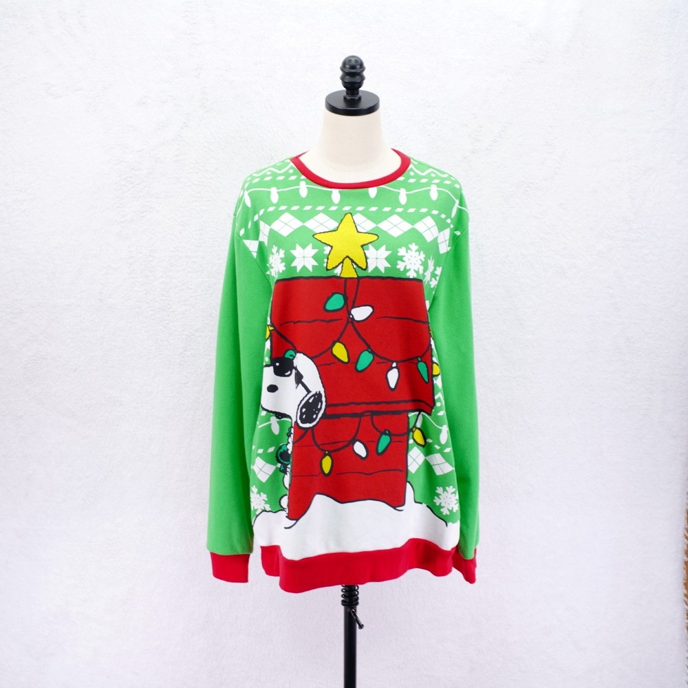 Peanuts Hybrid -XL- Green Red Cotton Polyester Christmas Holiday‎ Snoopy Sweater